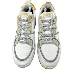 SNKR Project Men's Lafayette Leather Low Top‎ Lace Up, White & Gold Size 9.5
